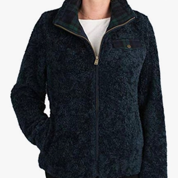 Pendleton Sherpa Fleece Zip Up Jacket Sz Large in Blue Green Faux Fur Plaid Trim - Picture 12 of 12